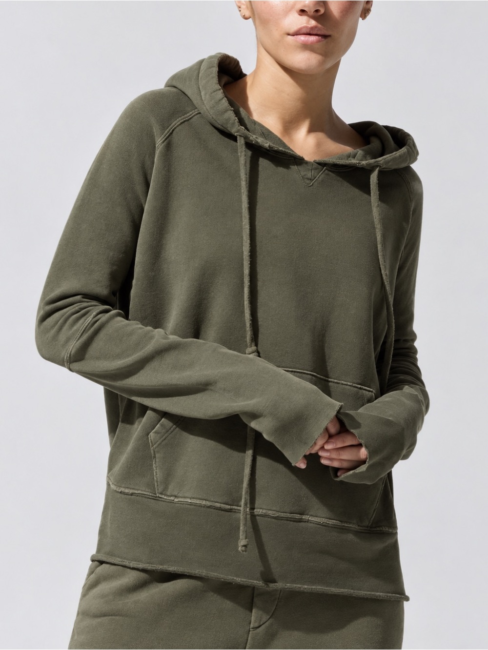 Nili Lotan Janie Drawstring Hoodie Sweatshirt Army Green 100% Cotton Medium $275